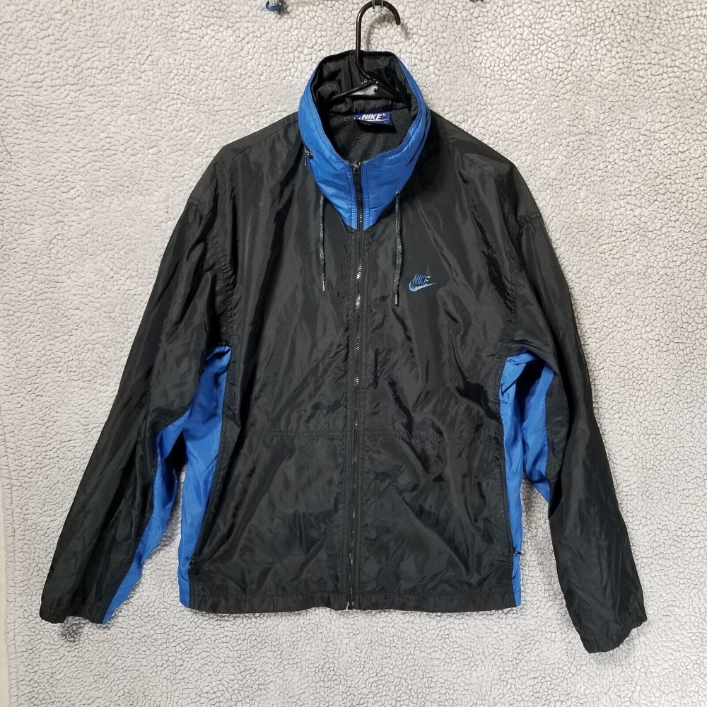 Vintage Nike Jacket Mens Large Blue Black Windbreaker Full Zip With Hood 80s - Picture 11 of 14